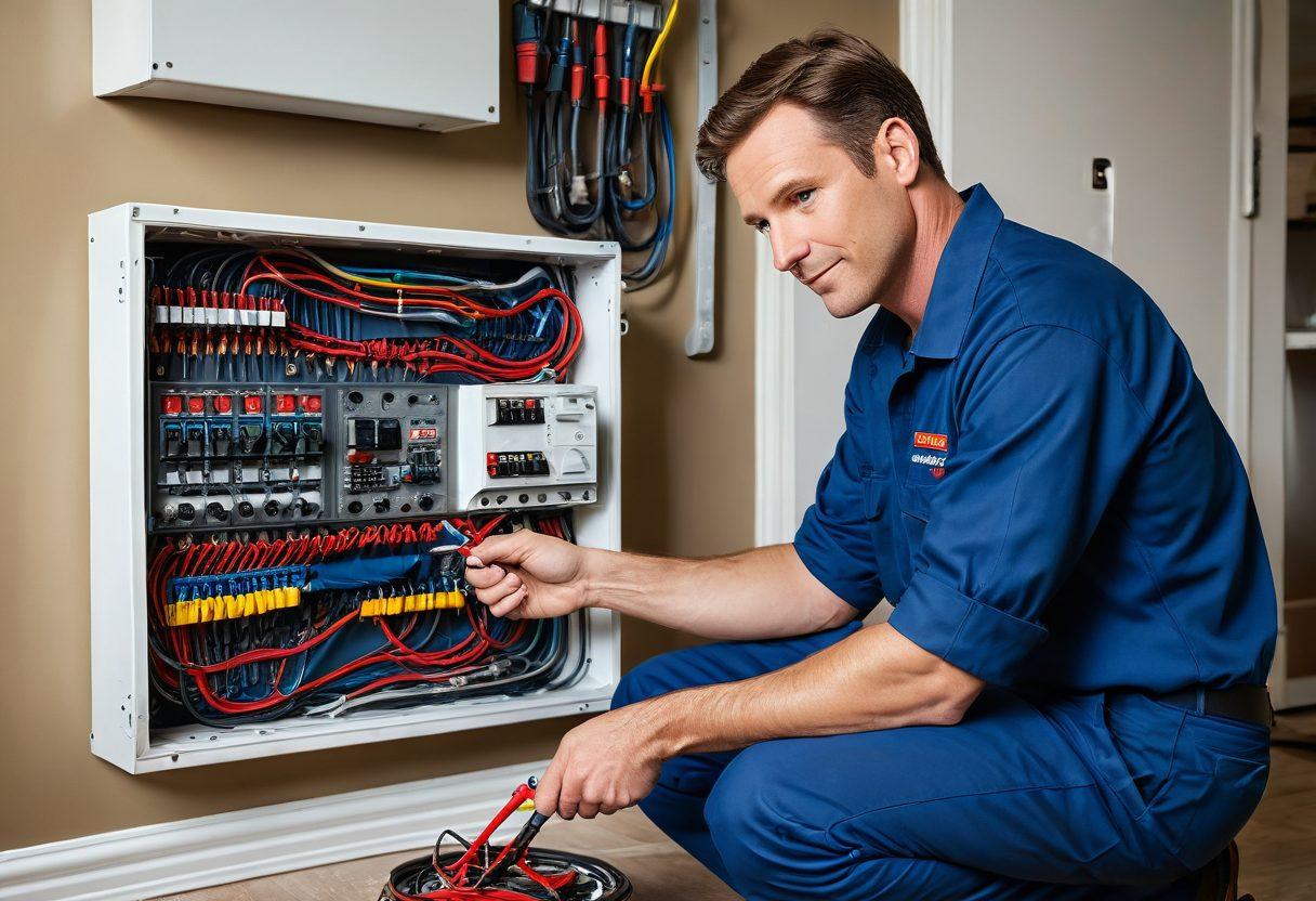 A trustworthy electrician in a neat uniform, holding a toolbox and wiring tools, while expertly repairing an electrical panel in a home. Background shows a happy family in a well-lit living room, giving a sense of safety and warmth. Include symbols of emergency repairs and energy-efficient upgrades. super-realistic. vibrant colors. welcoming atmosphere.