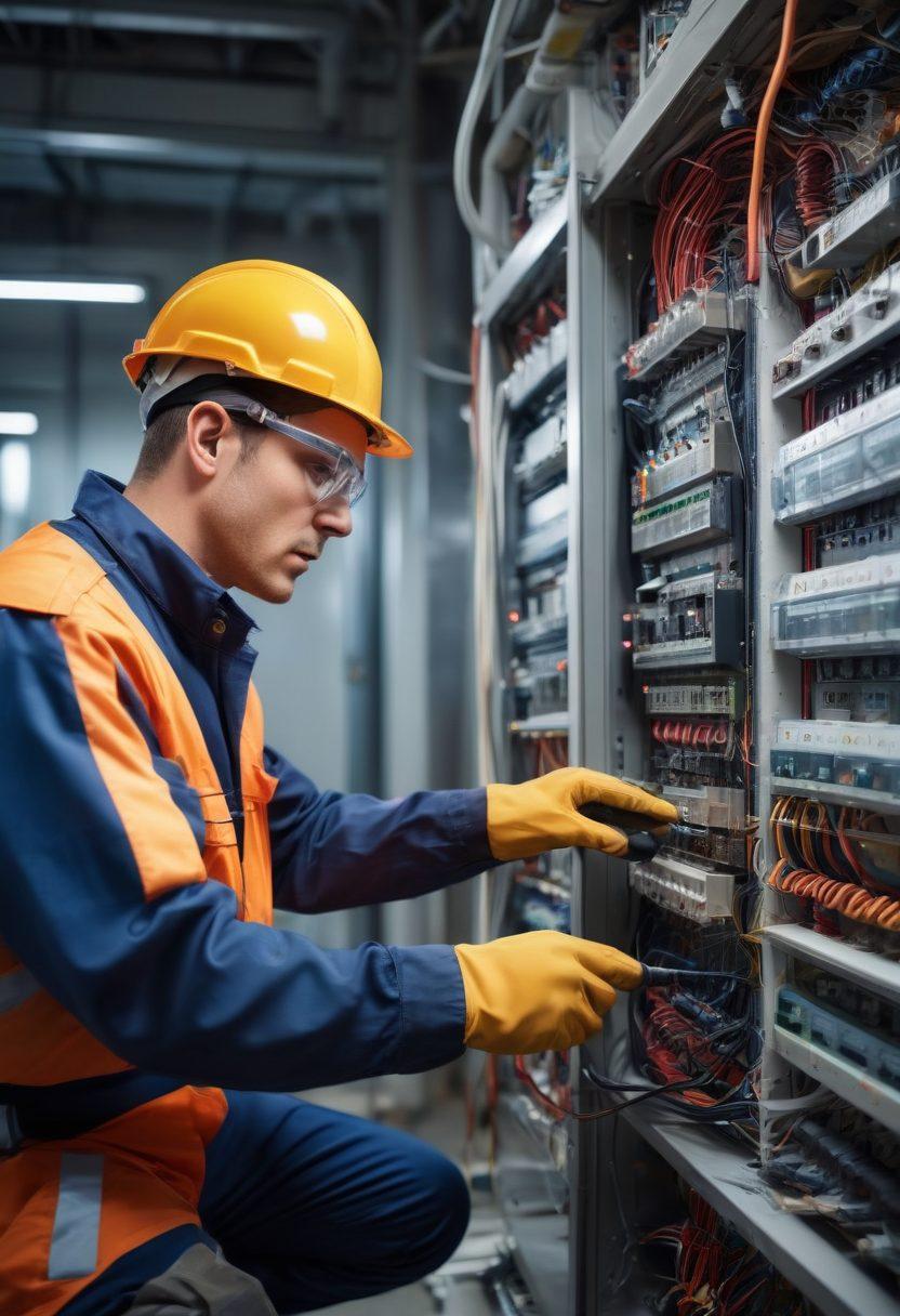 An expert electrician in a crisp uniform working on a high-tech control panel with a modern residential home and a large industrial facility in the background, showing both small-scale and large-scale electrical solutions. Include tools, safety gear, and bright sparks of electricity for effect. super-realistic. vibrant colors.